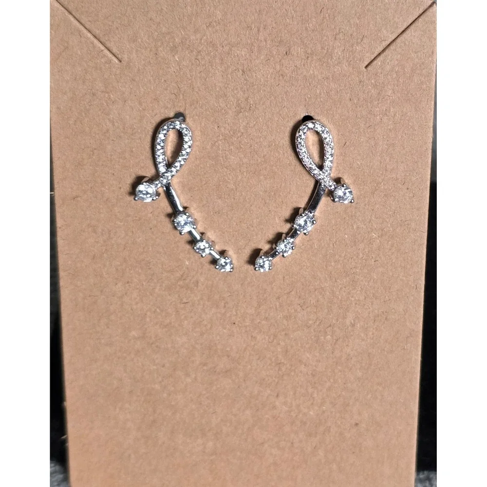 Silver Tone Cubic Zirconia Ribbon Loop Ear Climber Crawler Earrings Womens